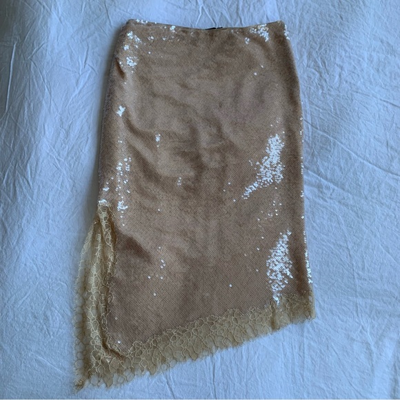 Simkhai Amrita Sequin Lace Midi Slit Slip Long Skirt Ginger Root Tan Nude - Picture 6 of 12